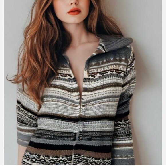 J. Jill Chunky Wool Blend Open Cardigan Nordic Sweater Neutral Stripe Size SP - Picture 1 of 10